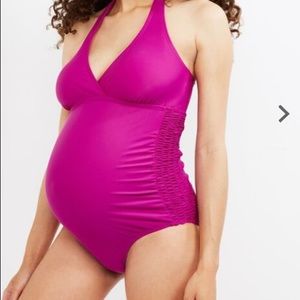 Smocked Waist Maternity One Piece Swimsuit UPF 50+